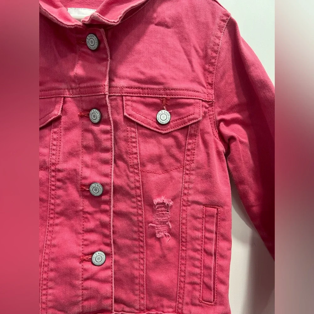 OLD NAVY Pink Distressed Denim Jacket SIZE 8 Girls Pockets Buttons Pre Loved